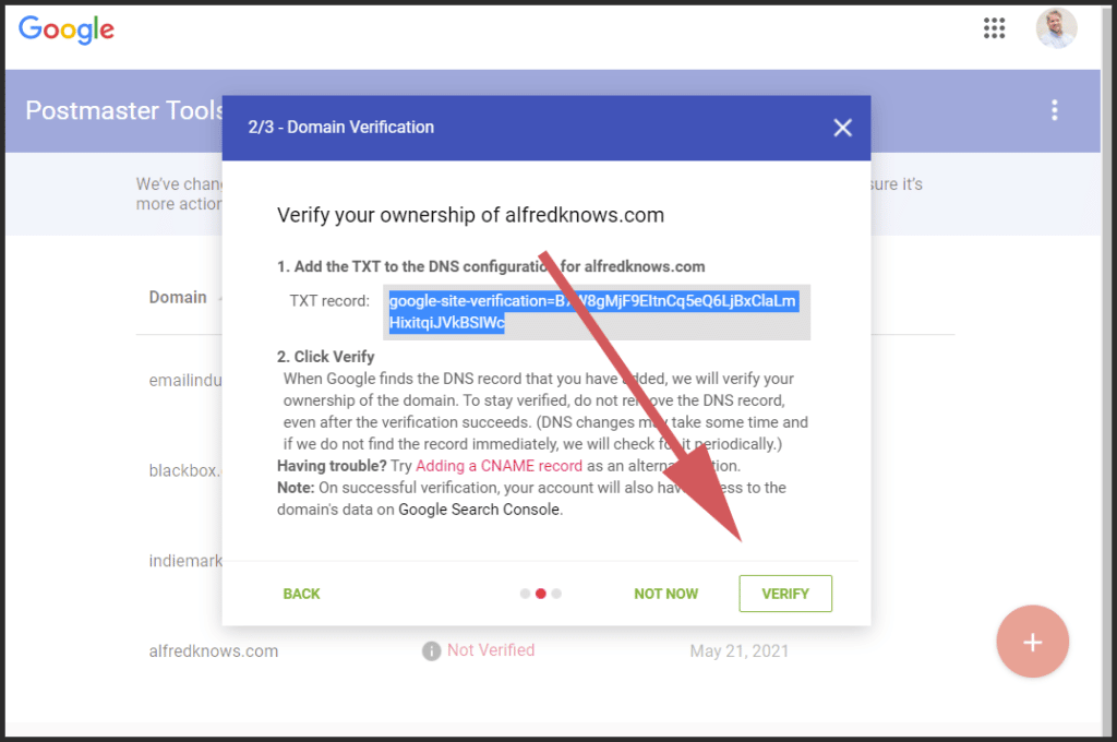Verify domain ownership at Google Postmaster Tools