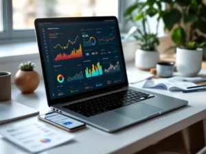 Laptop displaying colorful analytics dashboards on screen with email reports and smartphone showing metrics on white desk