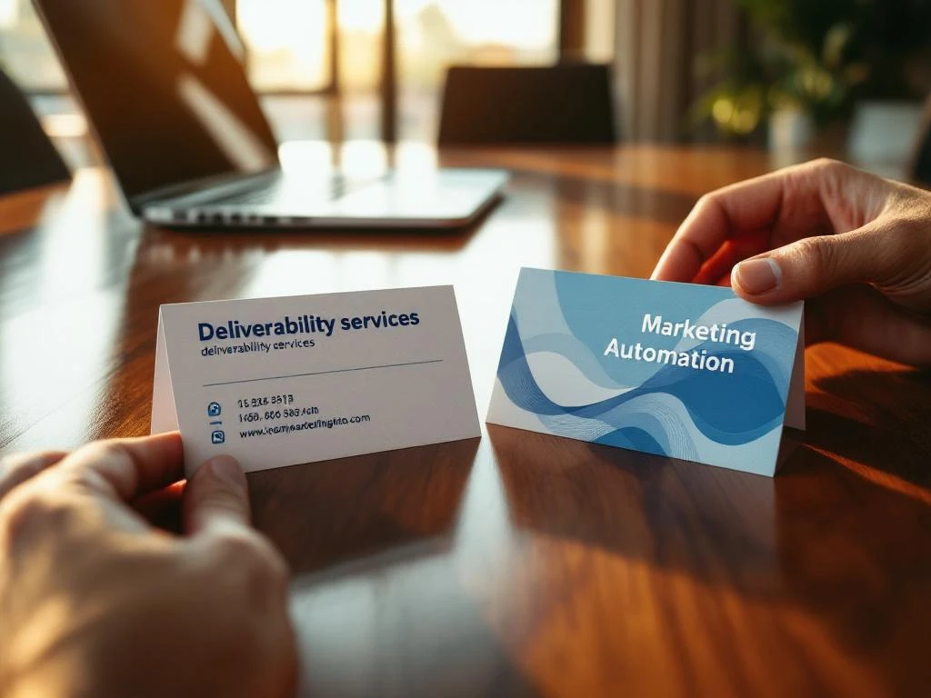 Two business cards on mahogany conference table, one with geometric patterns, one with curved designs, hands reaching toward cards
