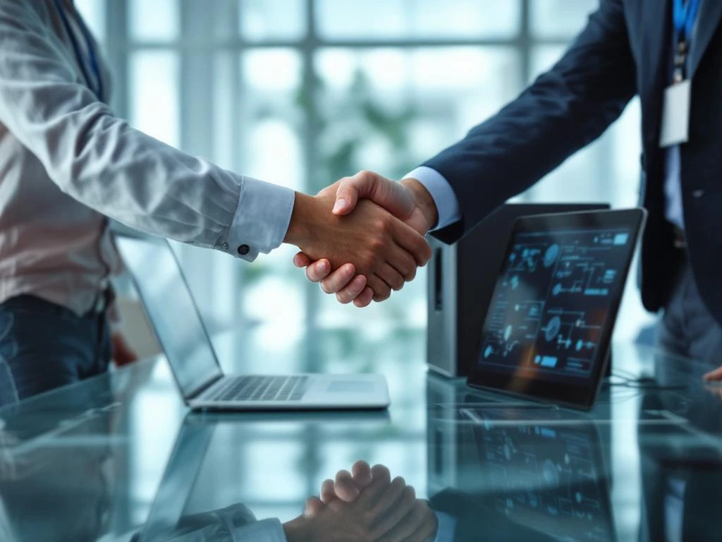 Two business professionals shaking hands over modern glass conference table with laptop and desktop computer in bright office