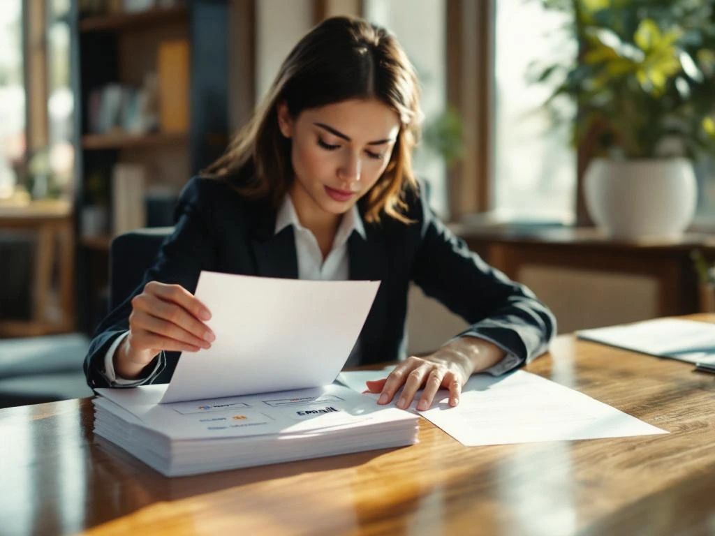 Professional businesswoman examining email service provider documents and consulting reports with magnifying glass at office desk
