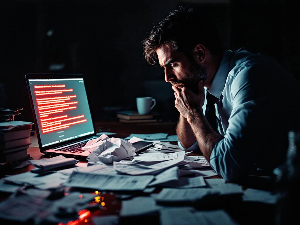 Frustrated businessman at desk with crumpled rejection letters, laptop showing error messages, and spilled coffee on documents.