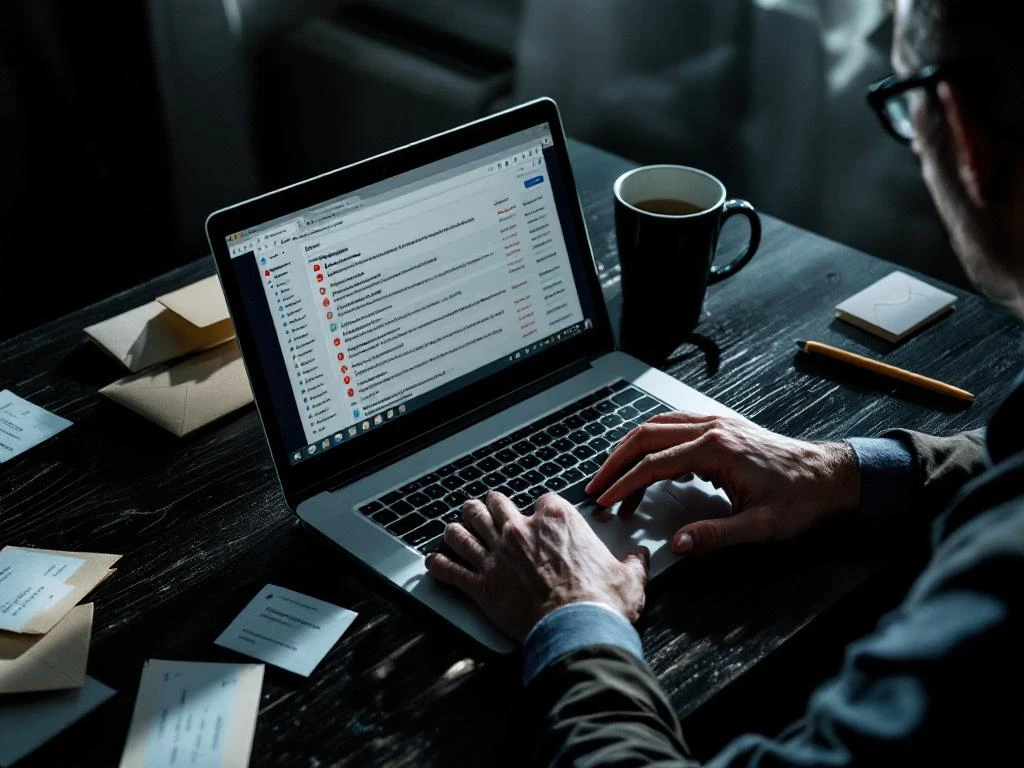 Businessman's hand hovers over laptop showing cluttered email inbox with red warning notifications on wooden desk.