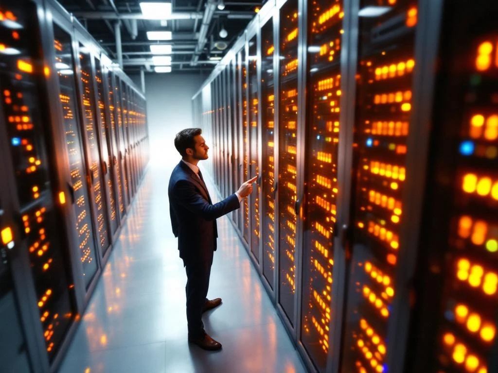 Businessman in navy suit examining server rack in modern data center with glowing LED lights and organized cables.