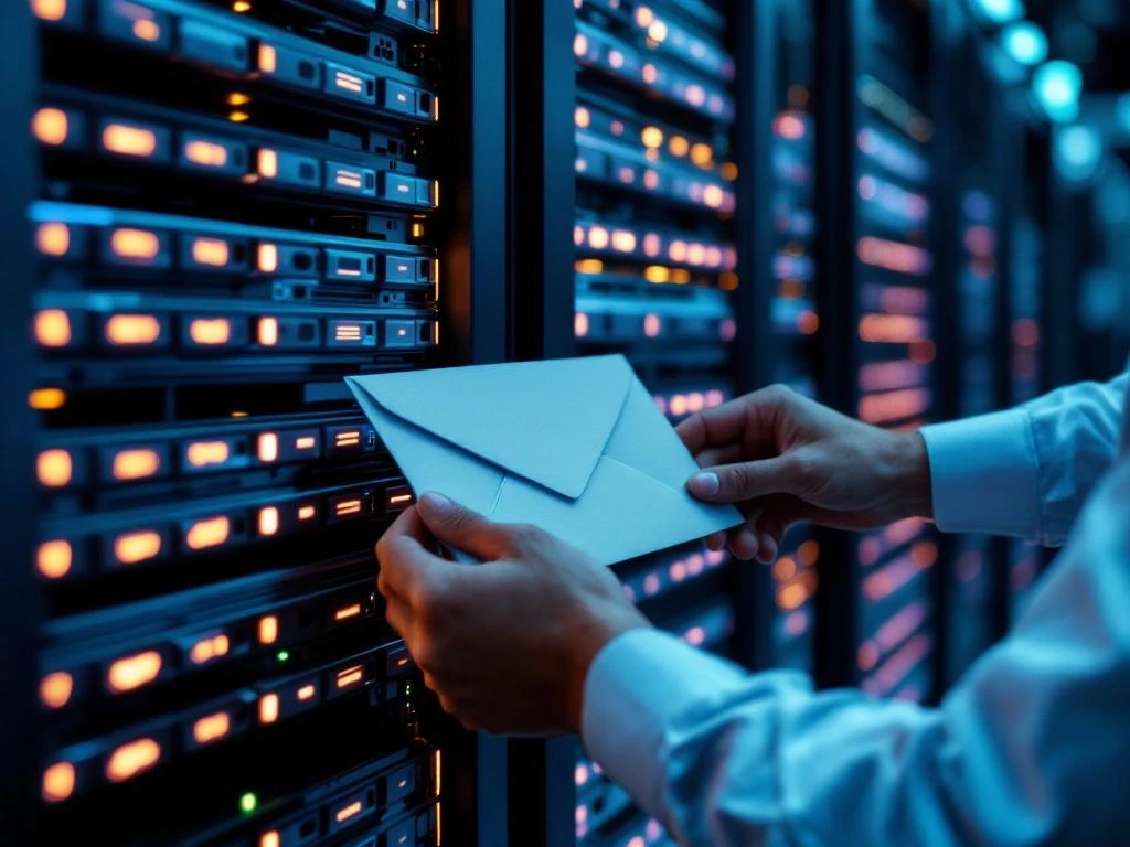 Businessman inserting envelope into illuminated server rack with organized rows of sealed envelopes in data center
