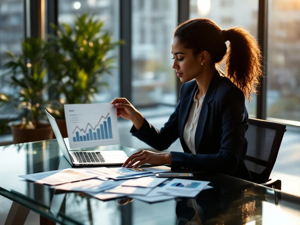 Professional businesswoman in navy blazer reviewing analytics report with upward trending graphs at modern office desk