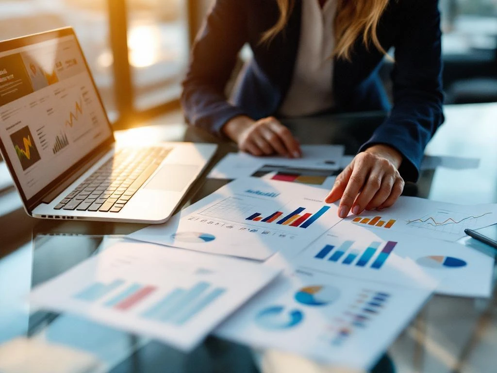 Businesswoman analyzing upward trending email marketing charts and analytics dashboards on laptop at modern office desk