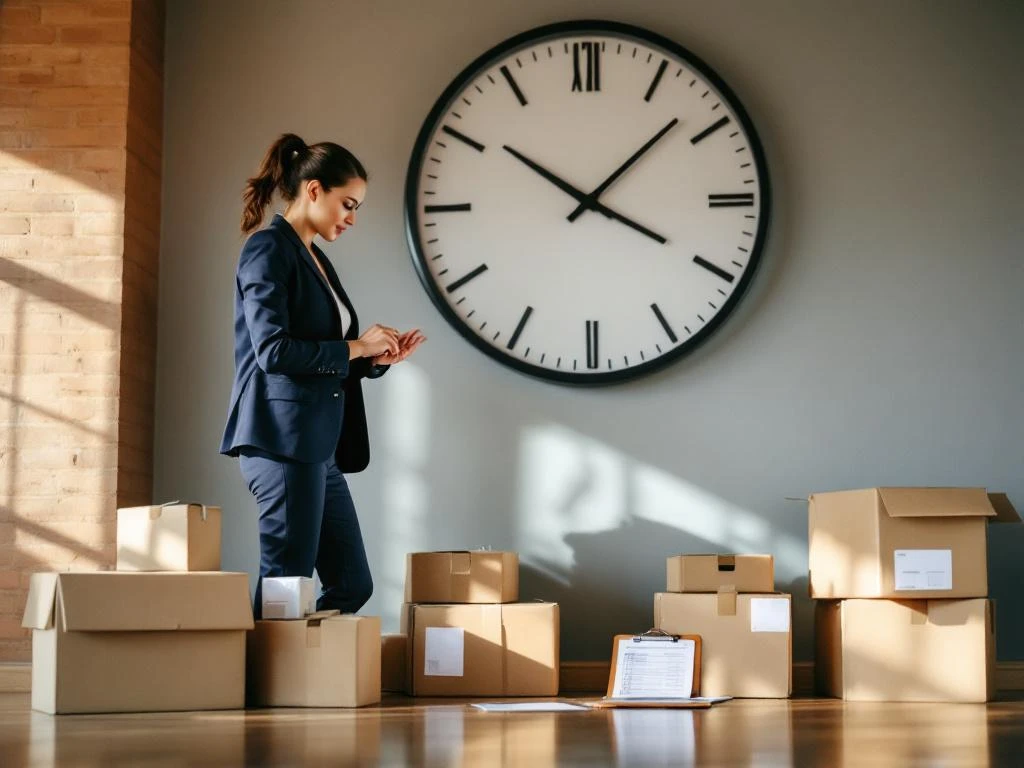 Professional businesswoman in navy suit checking watch beside large wall clock with delivery packages and shipping boxes