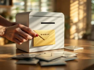 Businesswoman placing golden five-star envelope into white mailbox with silver envelopes on wooden desk below