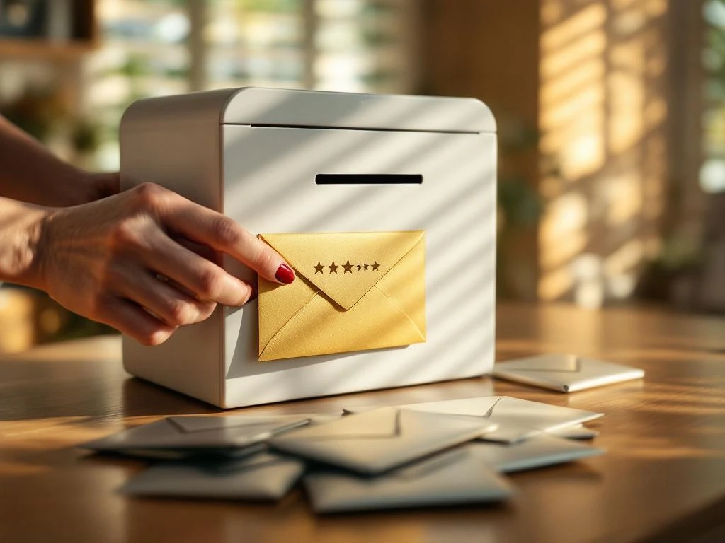 Businesswoman placing golden five-star envelope into white mailbox with silver envelopes on wooden desk below