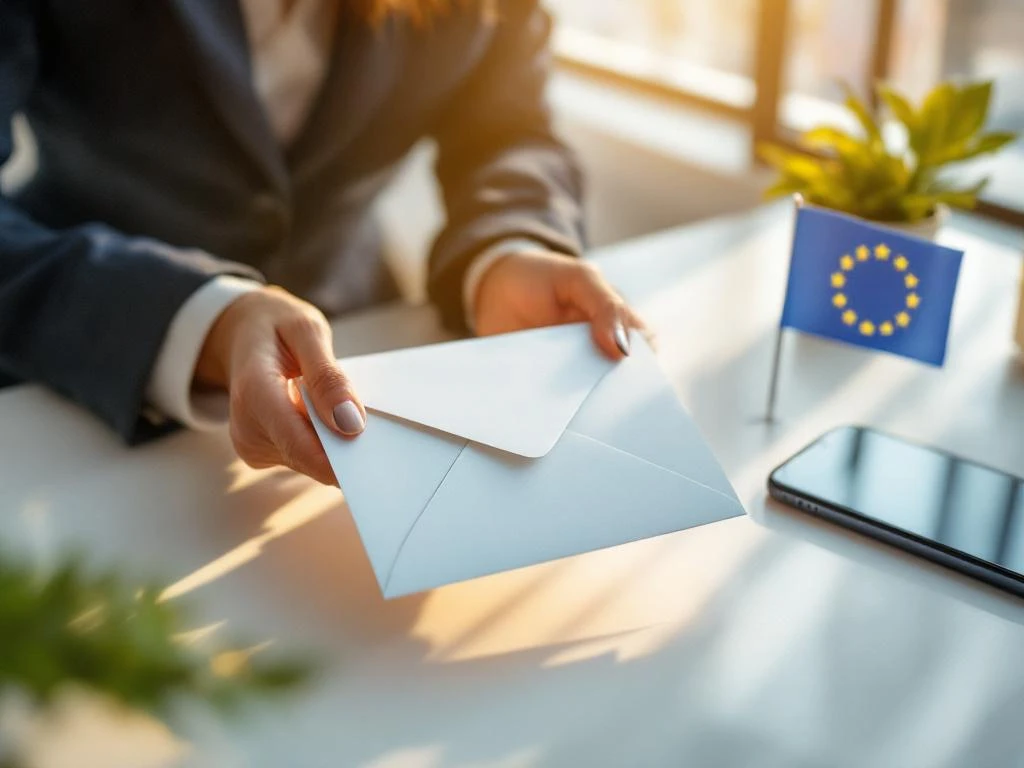 Businesswoman's hands holding sealed envelope with smartphone showing email inbox on modern office desk beside EU flag