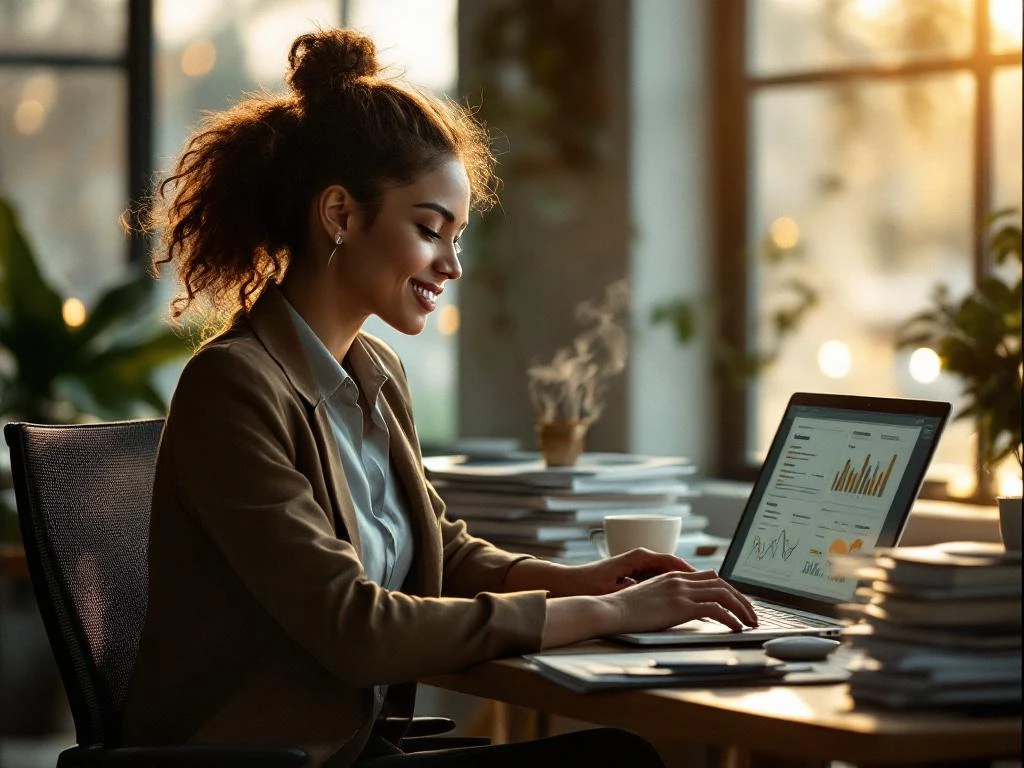 Professional businesswoman reviewing email analytics on laptop at modern office desk with coffee and client folders