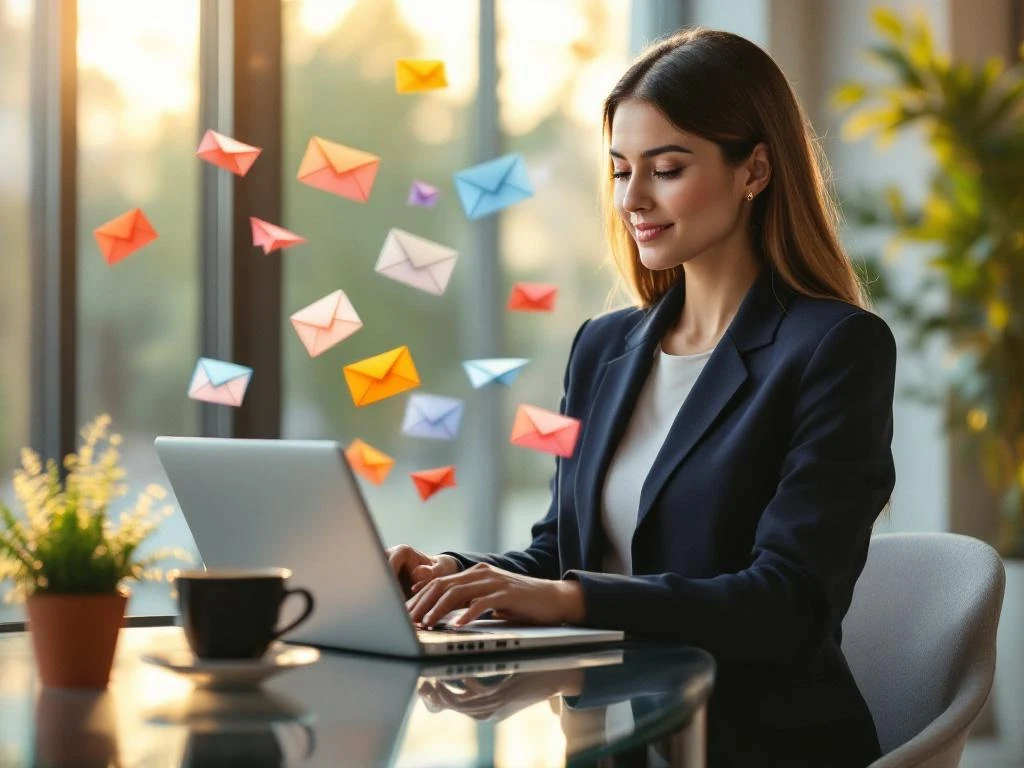 Professional businesswoman holding laptop with email analytics graphs on desk with paper airplane emails floating around