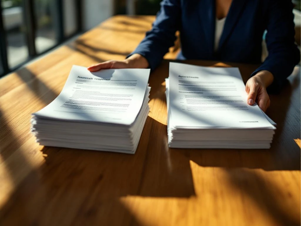 Professional businesswoman in navy blazer reviewing internal reports and external proposals at modern conference table