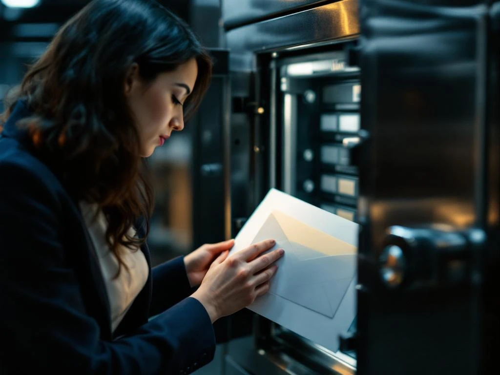 Businesswoman in navy blazer securing confidential documents in steel vault with organized filing system