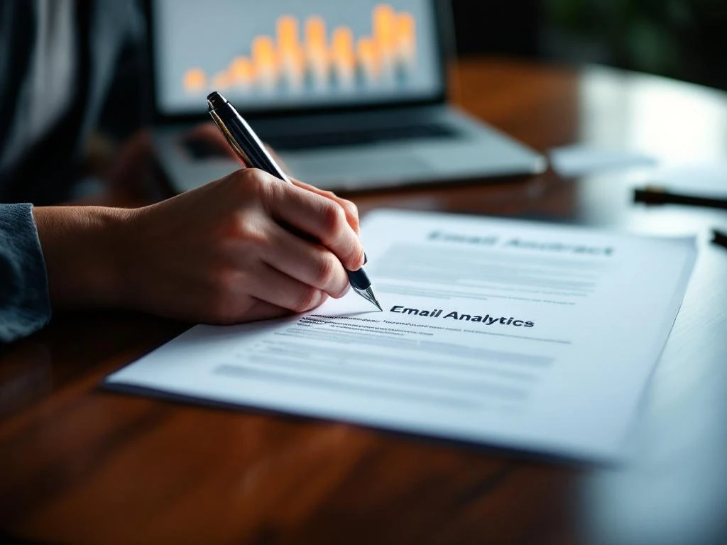 Professional businesswoman signing contract document with pen at mahogany desk, laptop showing analytics in background