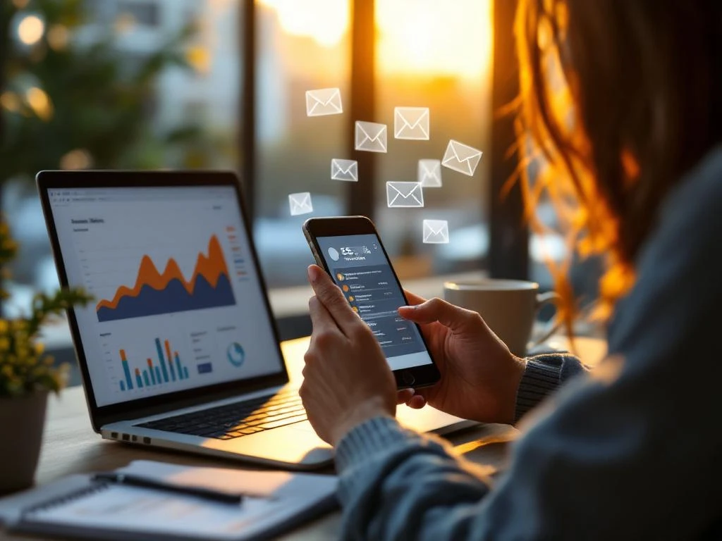 Professional businesswoman checking smartphone with email notifications at modern office desk with laptop and analytics