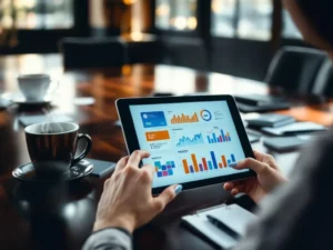 Businesswoman reviewing email campaign analytics on tablet at conference table with marketing agency business cards