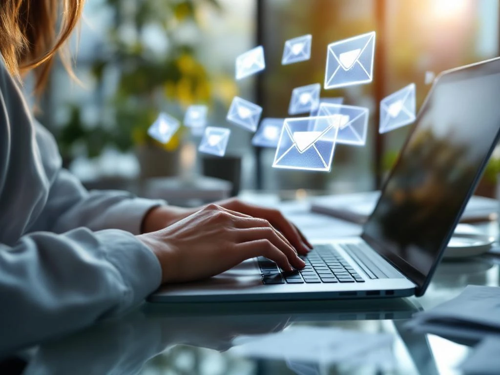 Professional businesswoman typing on laptop with floating email notification icons above screen in modern office