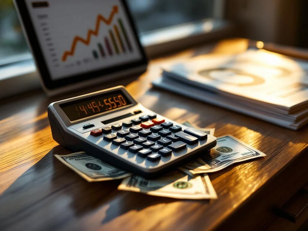 Calculator displaying upward trending numbers on modern desk with hundred-dollar bills and financial analytics tablet