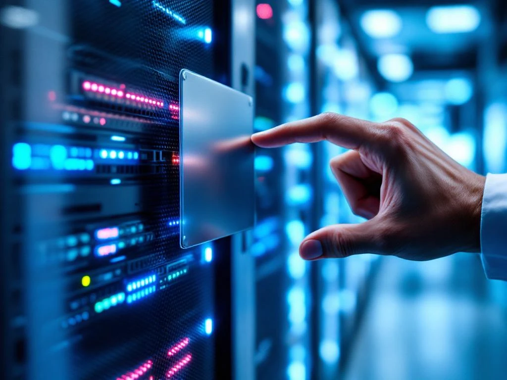 Professional hand placing protective metal shield over computer server with glowing network cables in data center