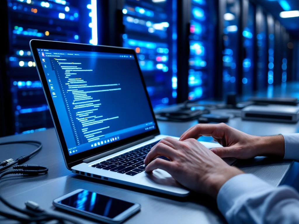 IT specialist configuring DNS records on laptop in server room with blinking rack units and organized ethernet cables