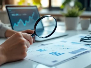 Businesswoman using magnifying glass to examine email analytics reports on desk with laptop showing delivery statistics