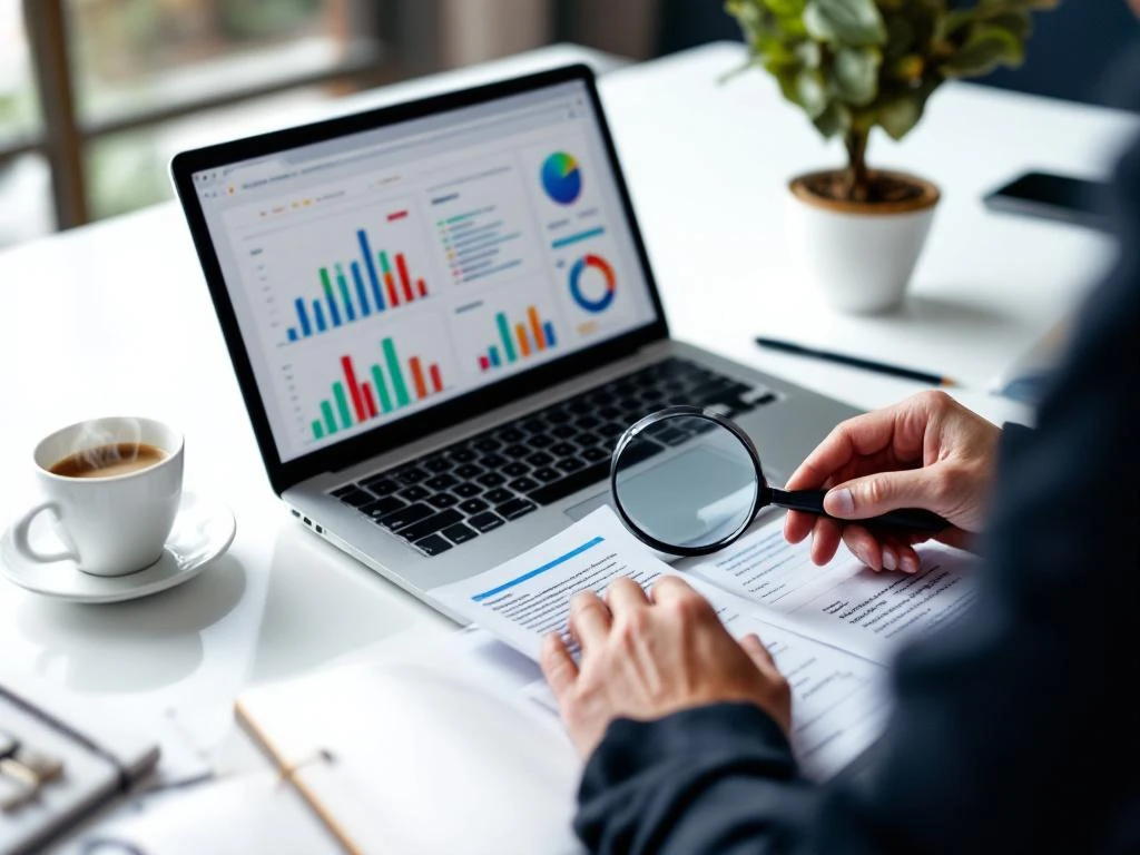 Professional analyst examining email campaign analytics on laptop with magnifying glass over competitor email printouts on desk
