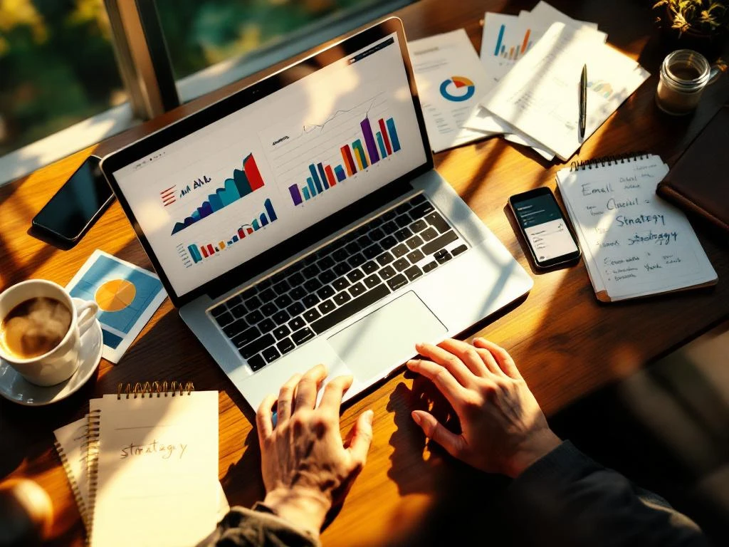Professional consultant's desk with laptop displaying email analytics charts, handwritten notes, coffee cup, and smartphone in warm sunlight.