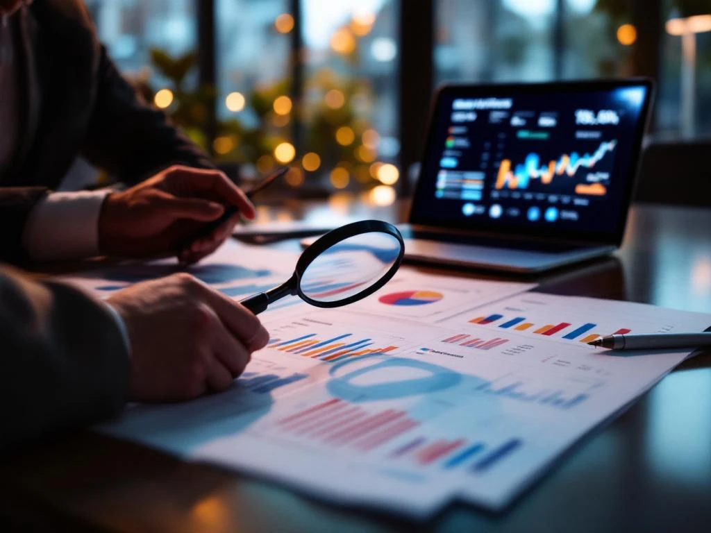 Business consultant analyzing email marketing analytics with magnifying glass over delivery rate charts on conference table.