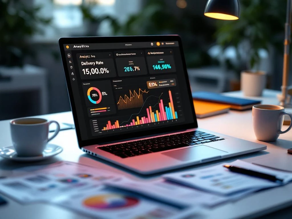 Modern laptop dashboard displaying colorful analytics charts and delivery rate metrics on white desk with coffee mug and reports