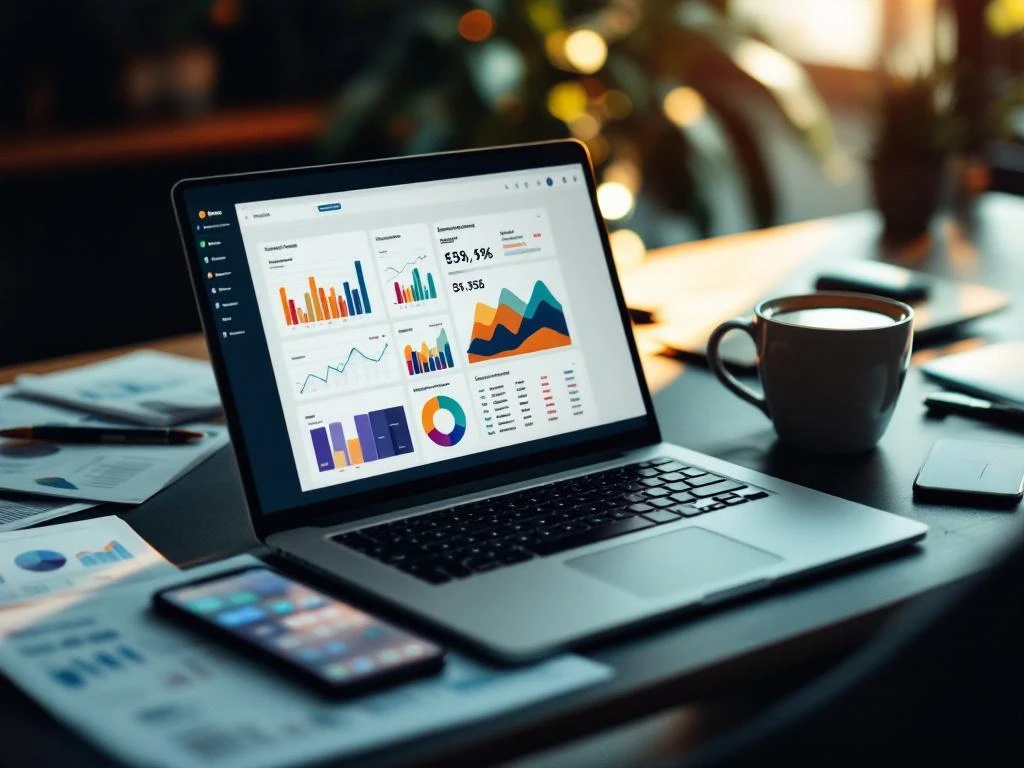 Laptop displaying colorful email analytics charts on modern office desk with performance reports, smartphone, and coffee cup