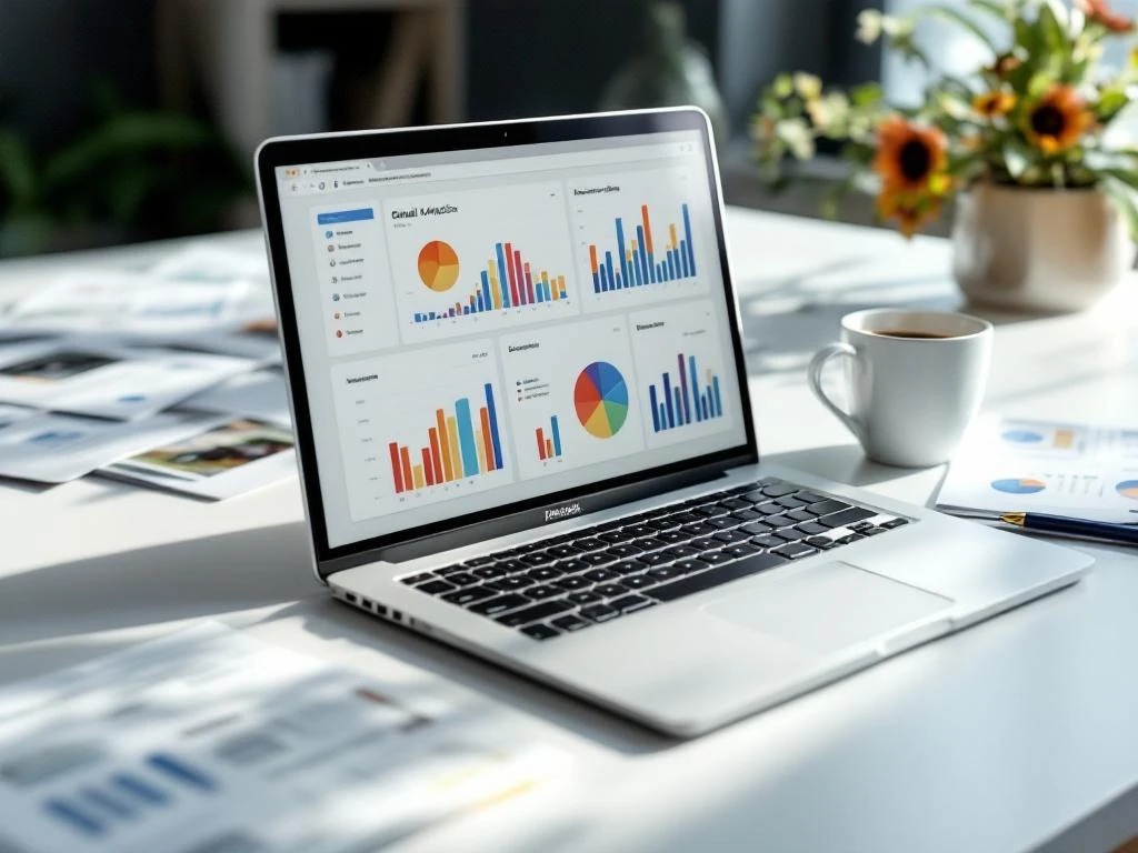 Laptop displaying colorful email analytics charts on modern white desk with coffee cup, printed reports, and natural lighting.