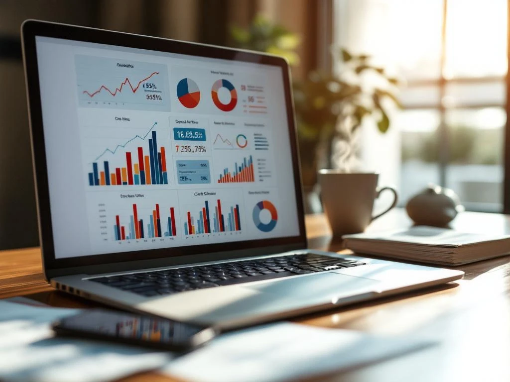Modern laptop displaying colorful email analytics charts on wooden desk with printed reports, coffee cup, and smartphone