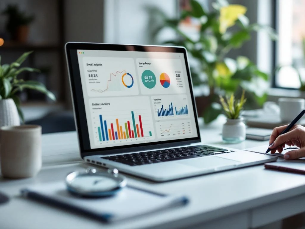 Laptop displaying colorful email analytics graphs and delivery metrics on screen next to analog stopwatch on white desk