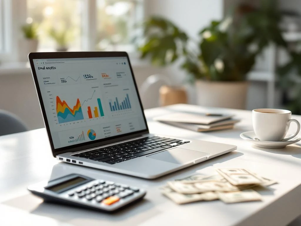 Laptop displaying email analytics and revenue charts on white desk with calculator, scattered dollar bills, and coffee cup