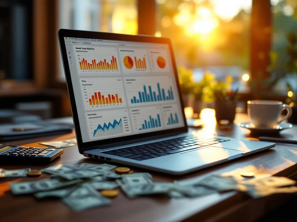 Laptop displaying colorful email analytics charts on mahogany desk with scattered money, calculator, and coffee cup