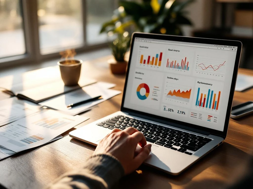 Laptop displaying colorful email analytics charts on wooden desk with printed reports, coffee cup, and hands typing