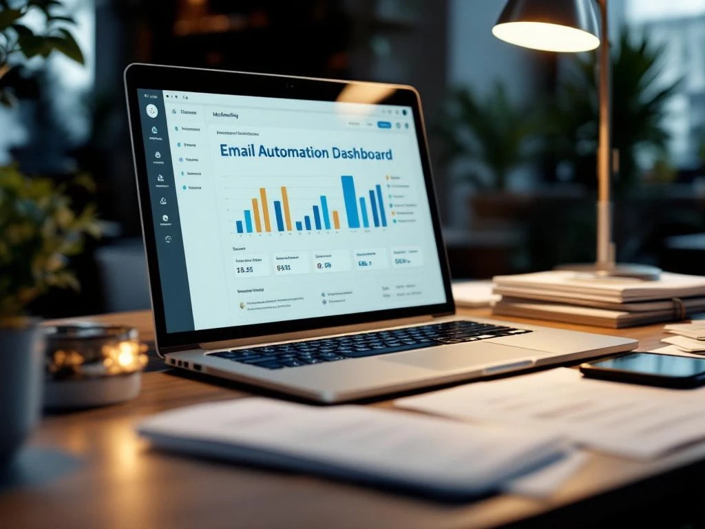 Modern laptop displaying email automation dashboard on stack of printed marketing materials with smartphone nearby on desk