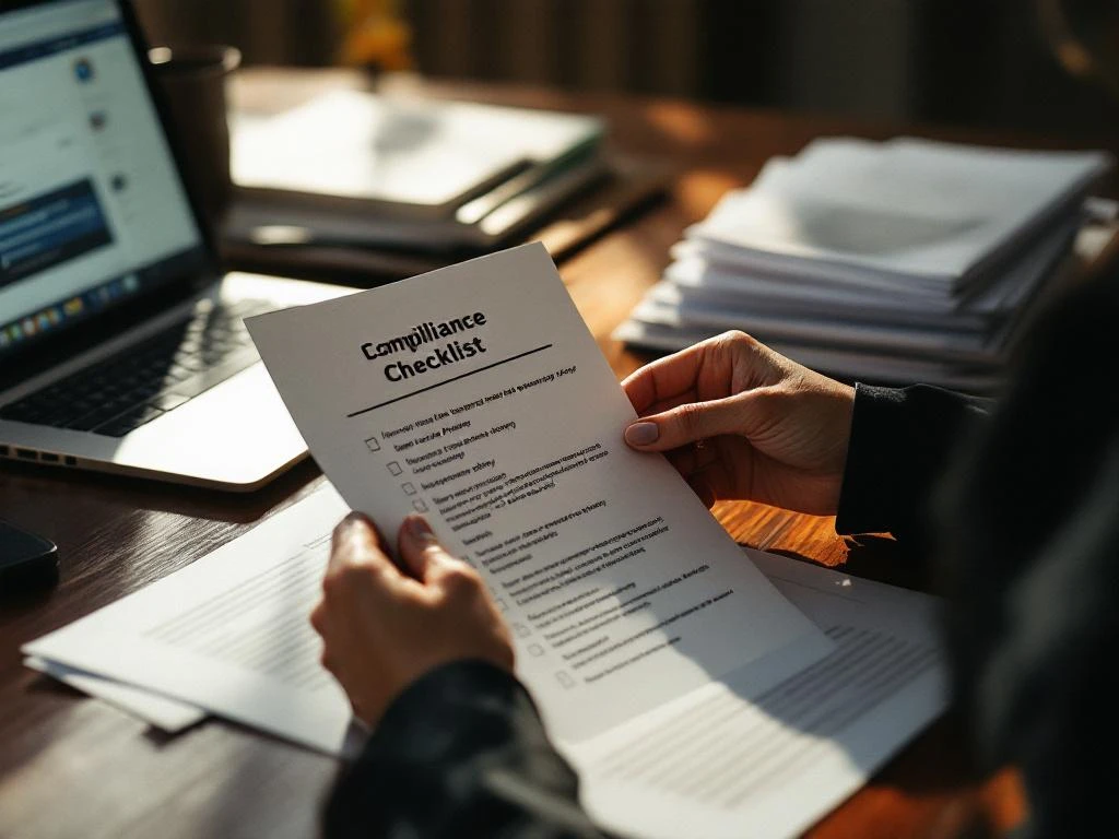Businesswoman reviewing email compliance checklist at office desk with laptop and legal documents