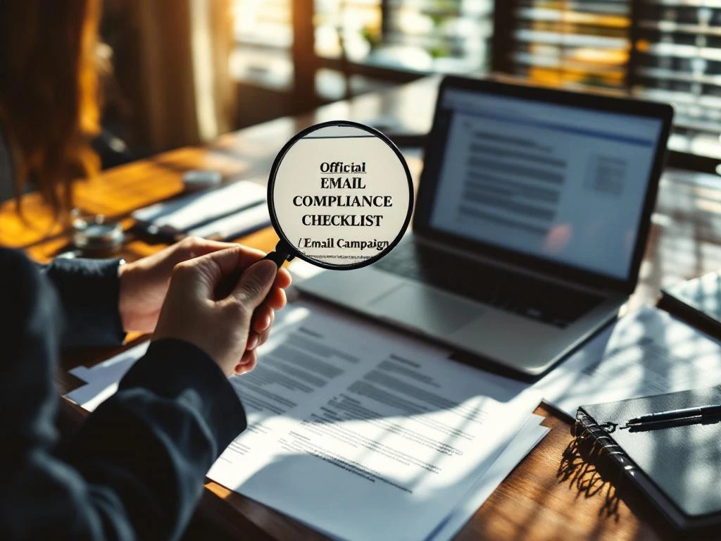 Businesswoman holding magnifying glass over email compliance checklist document with laptop showing email campaign interface on desk