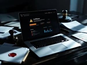 Laptop displaying email dashboard with warning alerts on desk surrounded by compliance documents and legal papers with red wax seal