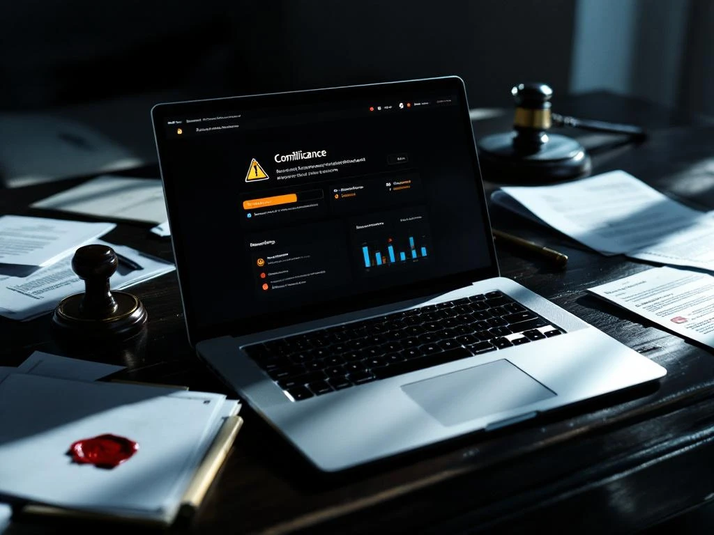Laptop displaying email dashboard with warning alerts on desk surrounded by compliance documents and legal papers with red wax seal