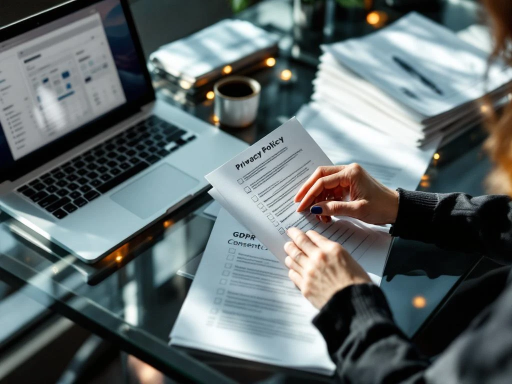 Businesswoman's hands organizing email consent forms on glass desk with laptop showing inbox dashboard and GDPR documents