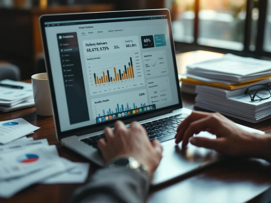 Laptop displaying email dashboard with delivery statistics on mahogany desk surrounded by printed analytics reports