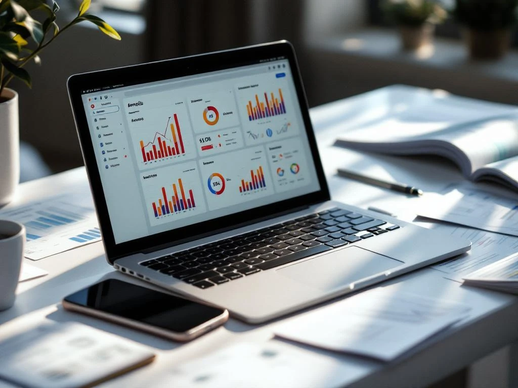 Laptop displaying email analytics dashboard with colorful graphs, surrounded by printed reports and smartphone on white desk.