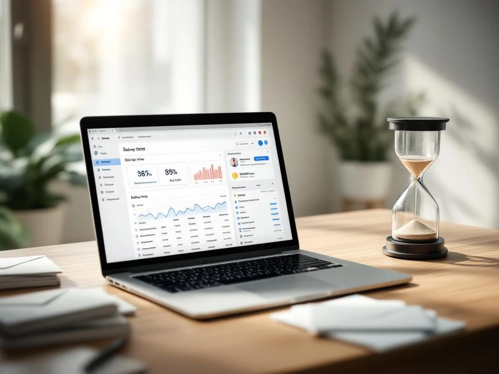 Laptop displaying email dashboard with delivery metrics on white desk beside hourglass and scattered envelopes