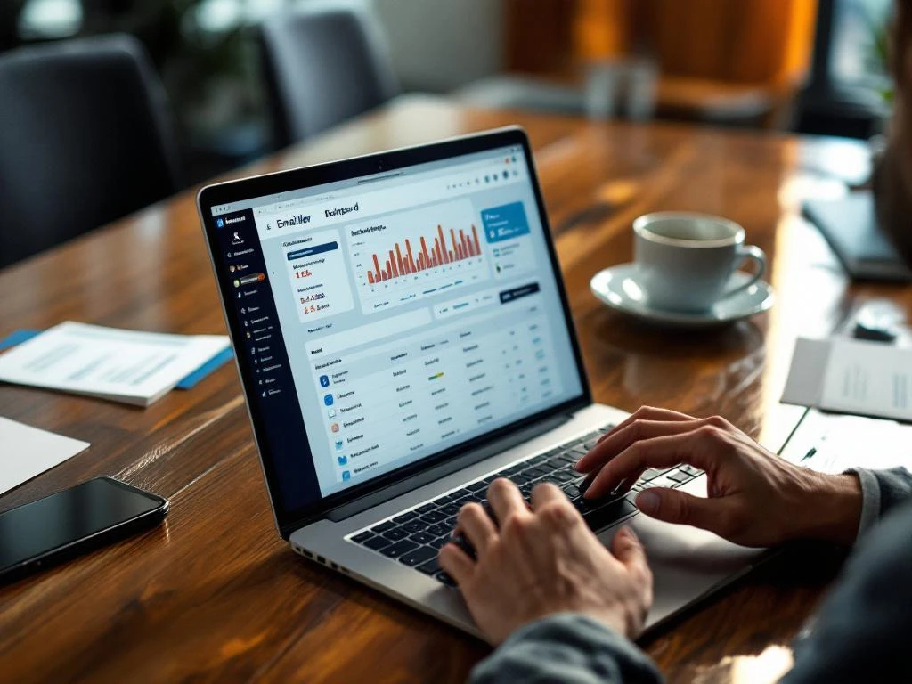 Laptop displaying email delivery metrics dashboard on conference table with smartphone, coffee cup, and business cards nearby.