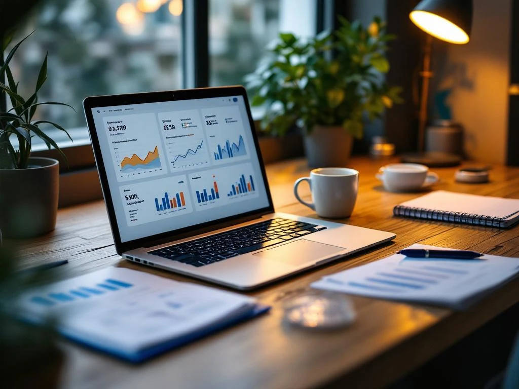 Laptop displaying email analytics dashboards on professional desk with reputation reports, coffee mug, and notepad