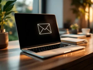 Modern laptop displaying email inbox on wooden desk with stack of letters beside it in natural morning light